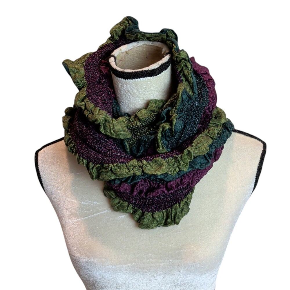 Reversible Ruffle Infinity Scarf Purple Green Scrunch Fairy Whimsy Earthy
